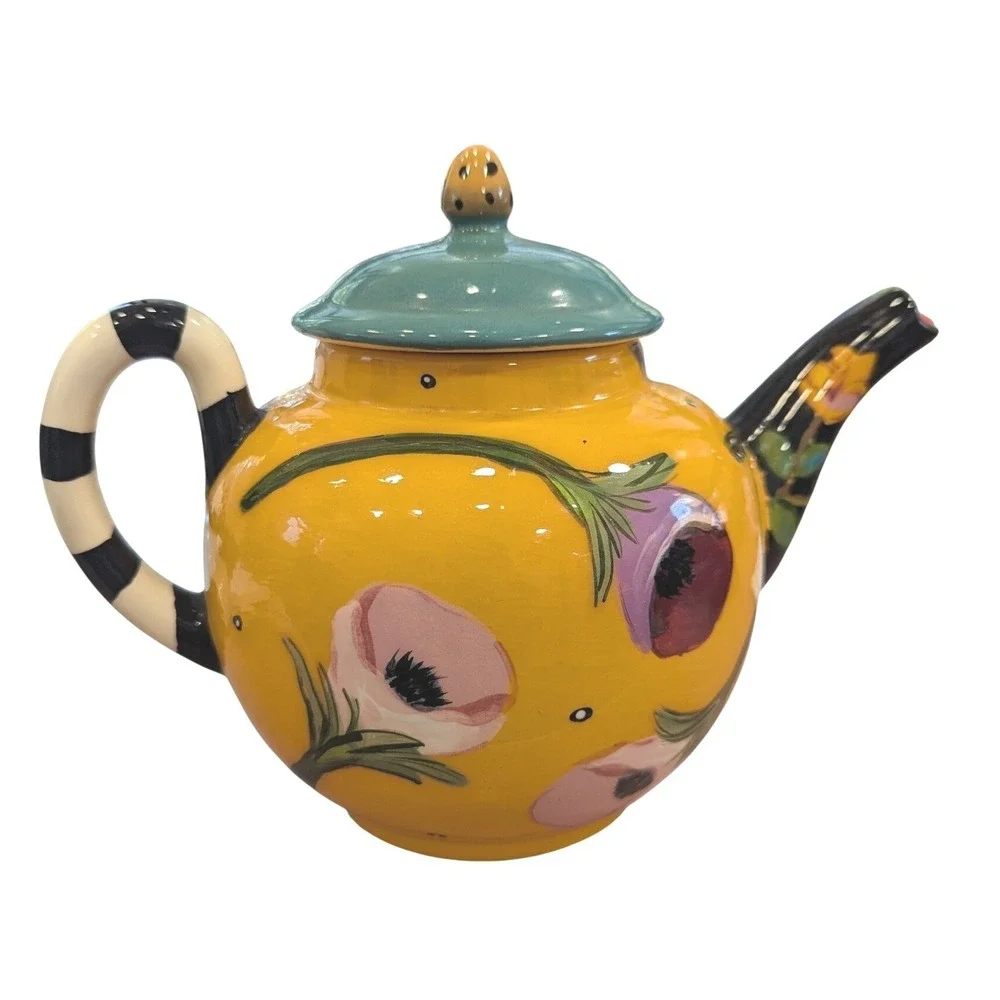 Droll Designs Hand Painted Floral Ceramic Teapot Yellow Striped Handle Whimsical